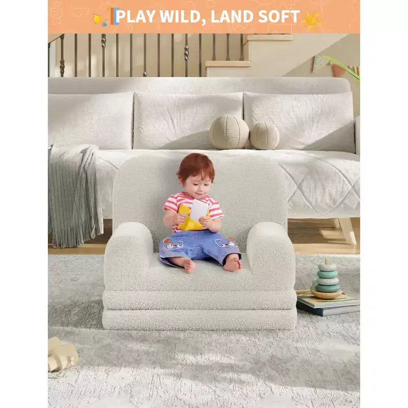 Kids Couch, 2-in-1 Convertible Teddy Fleece Fabric Toddler Sofa Chair, Soft Fold Out Couch Lounger for Kids, Comfy Sofa Bed