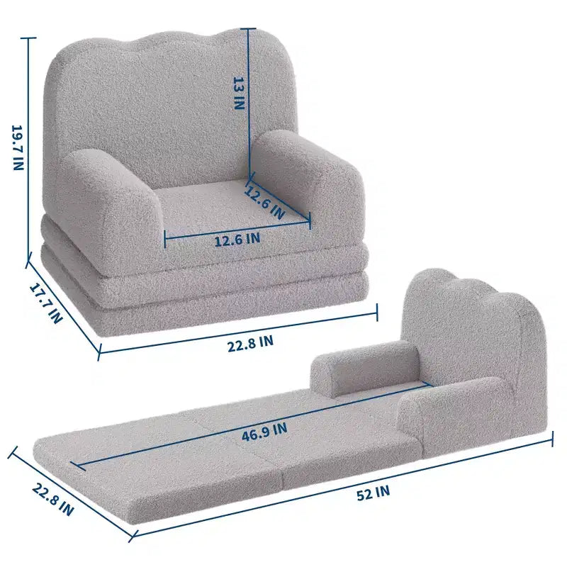 Kids Couch, 2-in-1 Convertible Teddy Fleece Fabric Toddler Sofa Chair, Soft Fold Out Couch Lounger for Kids, Comfy Sofa Bed