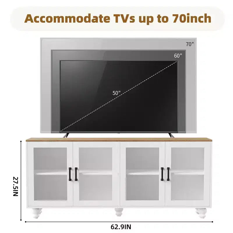MAYEERTY Modern TV Stand for 100 TVs - Fluted Glass Door, LED Lights, Sliding Door, 2 Drawers, White