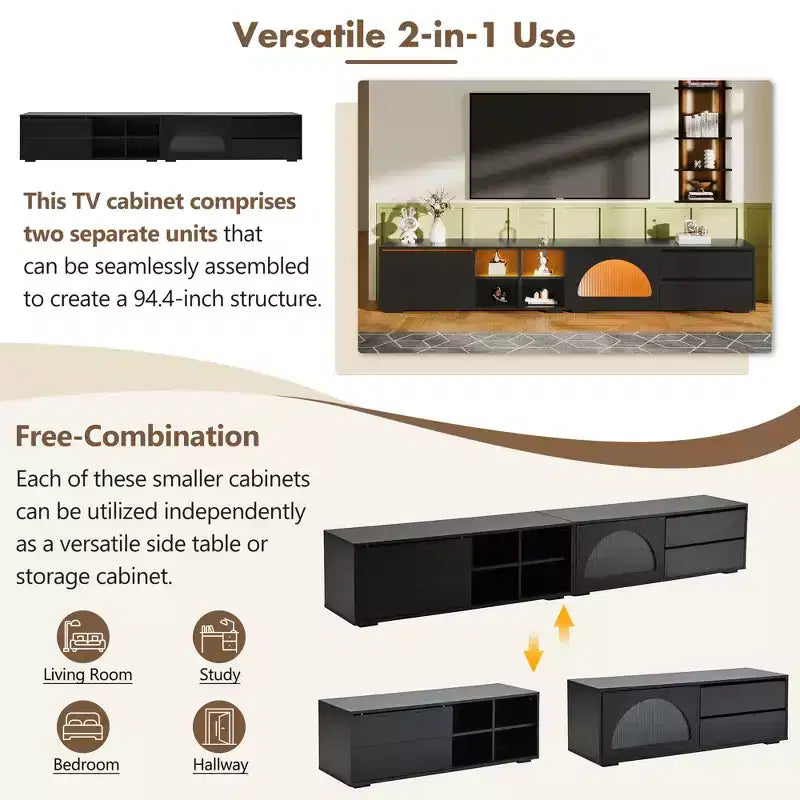 MAYEERTY Modern TV Stand for 100 TVs - Fluted Glass Door, LED Lights, Sliding Door, 2 Drawers, White