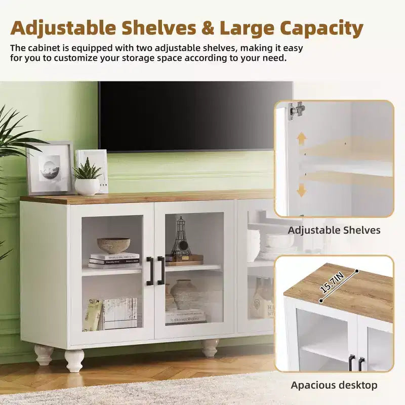 MAYEERTY Modern TV Stand for 100 TVs - Fluted Glass Door, LED Lights, Sliding Door, 2 Drawers, White