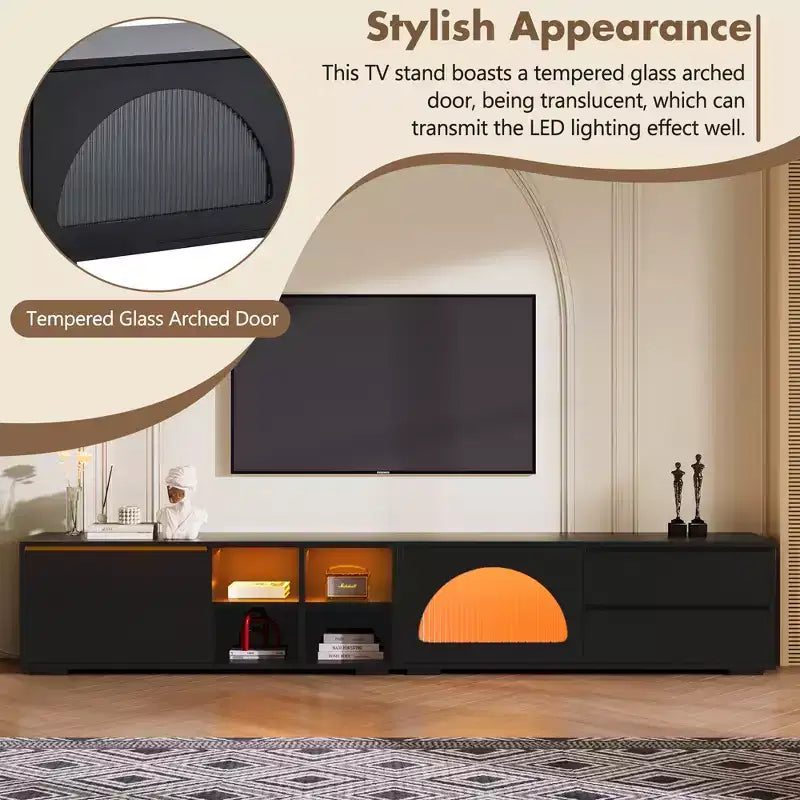MAYEERTY Modern TV Stand for 100 TVs - Fluted Glass Door, LED Lights, Sliding Door, 2 Drawers, White