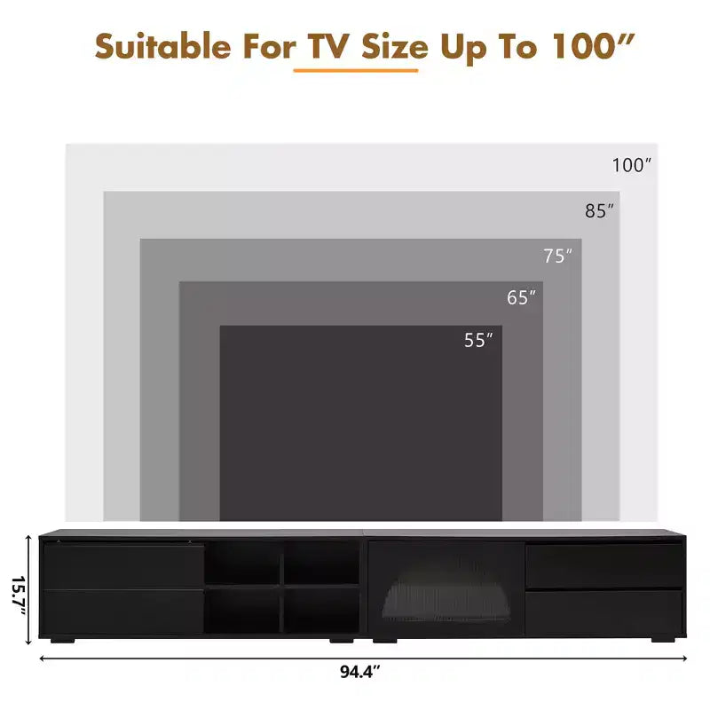 MAYEERTY Modern TV Stand for 100 TVs - Fluted Glass Door, LED Lights, Sliding Door, 2 Drawers, White