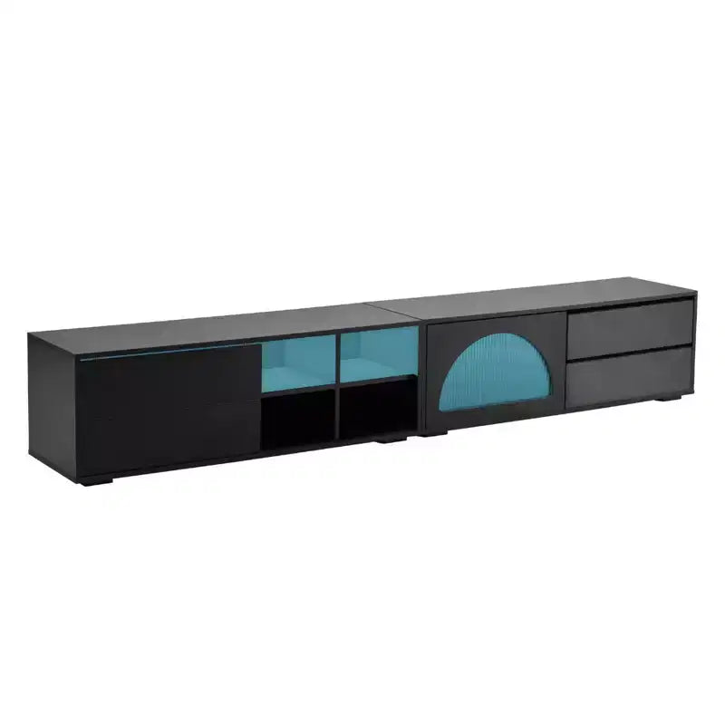MAYEERTY Modern TV Stand for 100 TVs - Fluted Glass Door, LED Lights, Sliding Door, 2 Drawers, White