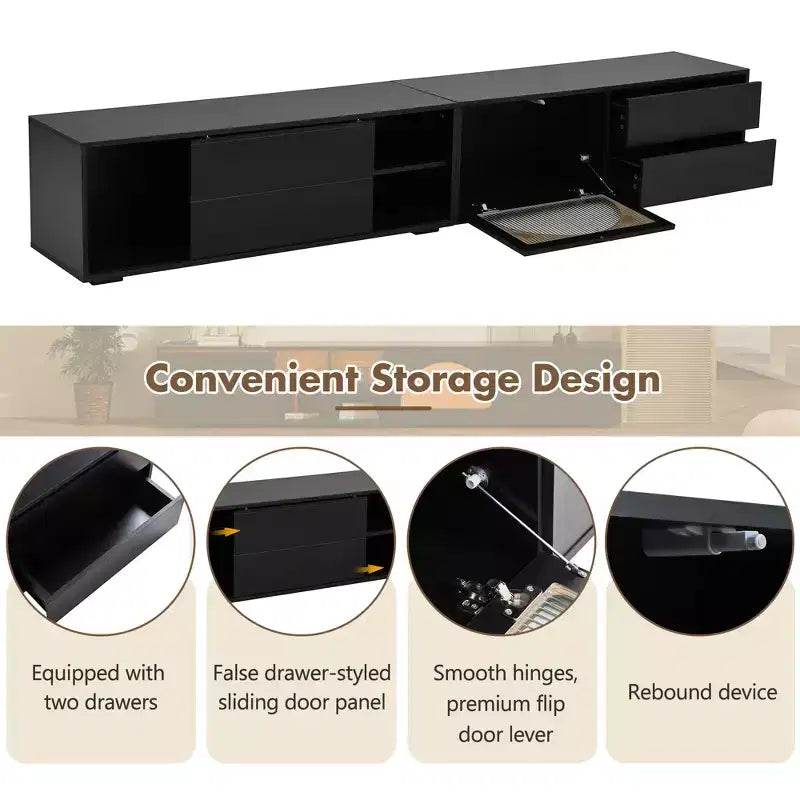 MAYEERTY Modern TV Stand for 100 TVs - Fluted Glass Door, LED Lights, Sliding Door, 2 Drawers, White