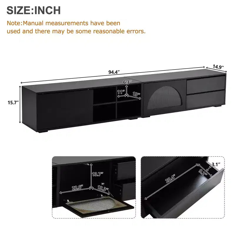 MAYEERTY Modern TV Stand for 100 TVs - Fluted Glass Door, LED Lights, Sliding Door, 2 Drawers, White