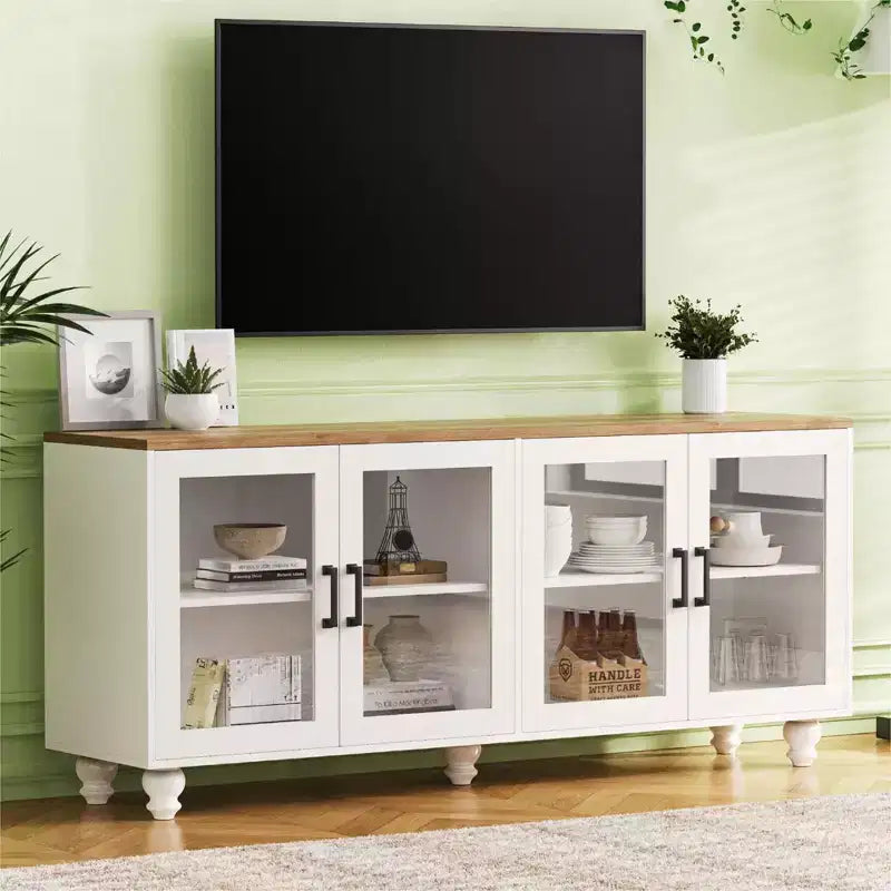 MAYEERTY Modern TV Stand for 100 TVs - Fluted Glass Door, LED Lights, Sliding Door, 2 Drawers, White