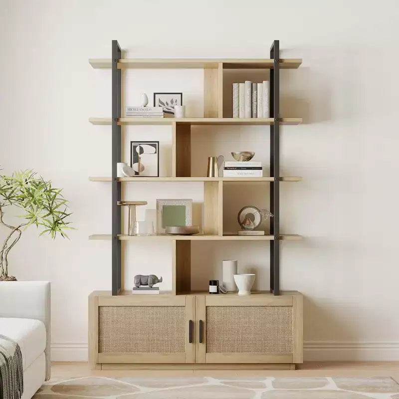 GustoWave Rattan Bookshelf,71.1 Inch Tall Industrial Bookcase with Storage Door,5 Shelf Bookcase with Metal Frame for Living Room