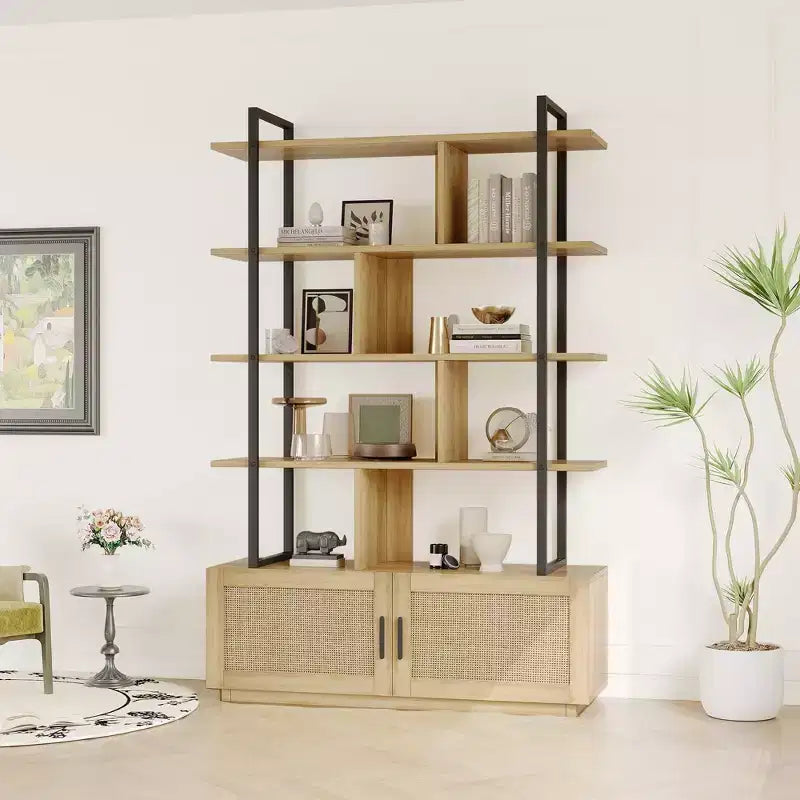GustoWave Rattan Bookshelf,71.1 Inch Tall Industrial Bookcase with Storage Door,5 Shelf Bookcase with Metal Frame for Living Room