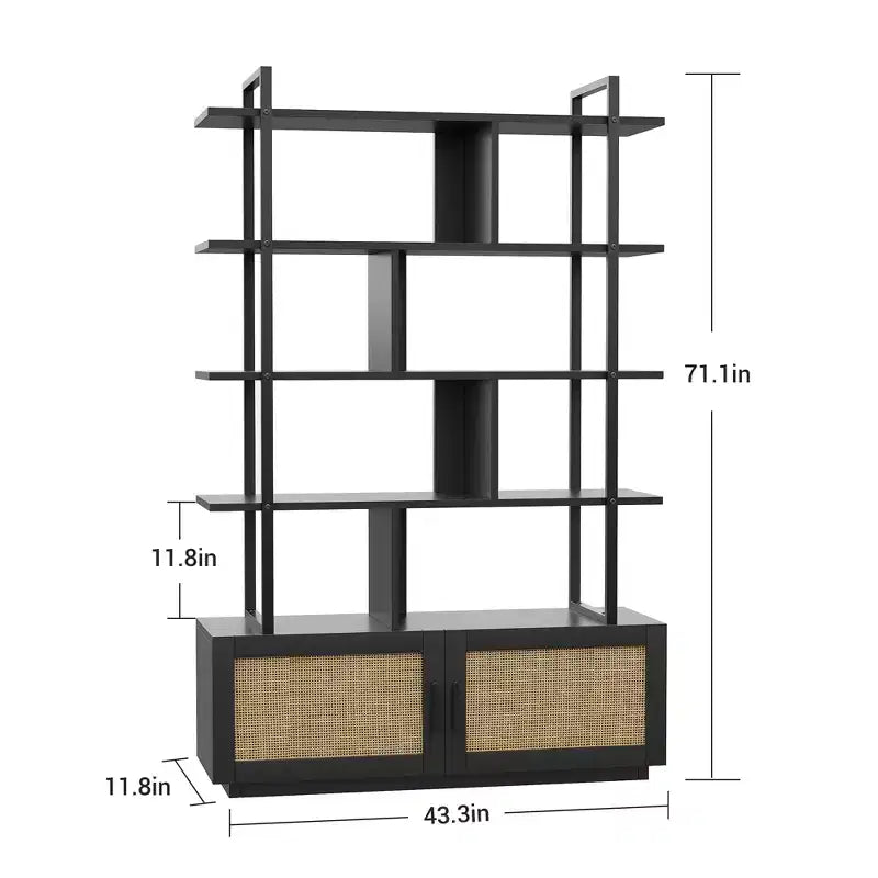 GustoWave Rattan Bookshelf,71.1 Inch Tall Industrial Bookcase with Storage Door,5 Shelf Bookcase with Metal Frame for Living Room