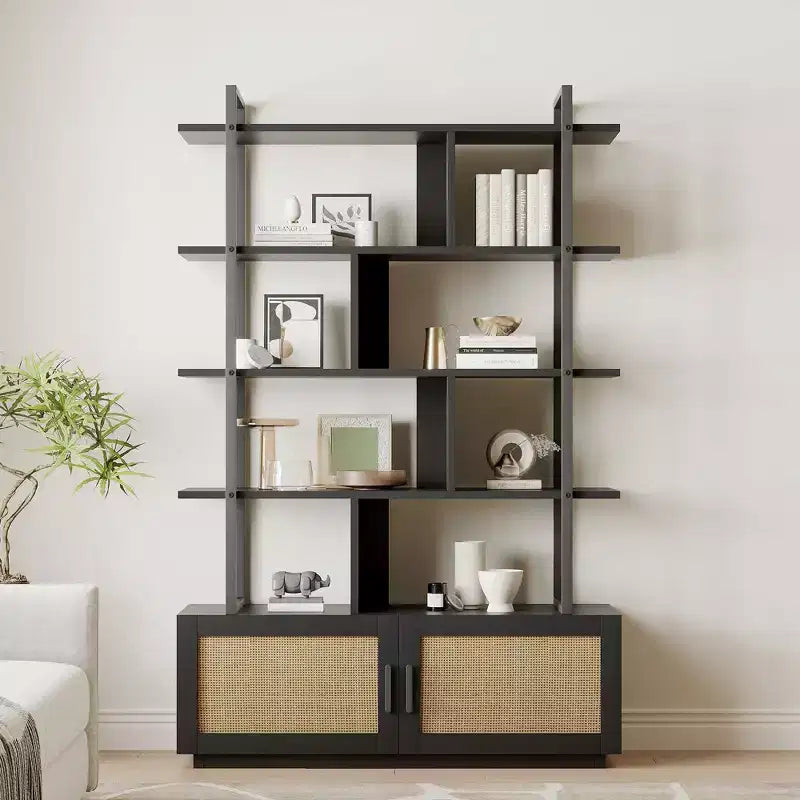GustoWave Rattan Bookshelf,71.1 Inch Tall Industrial Bookcase with Storage Door,5 Shelf Bookcase with Metal Frame for Living Room