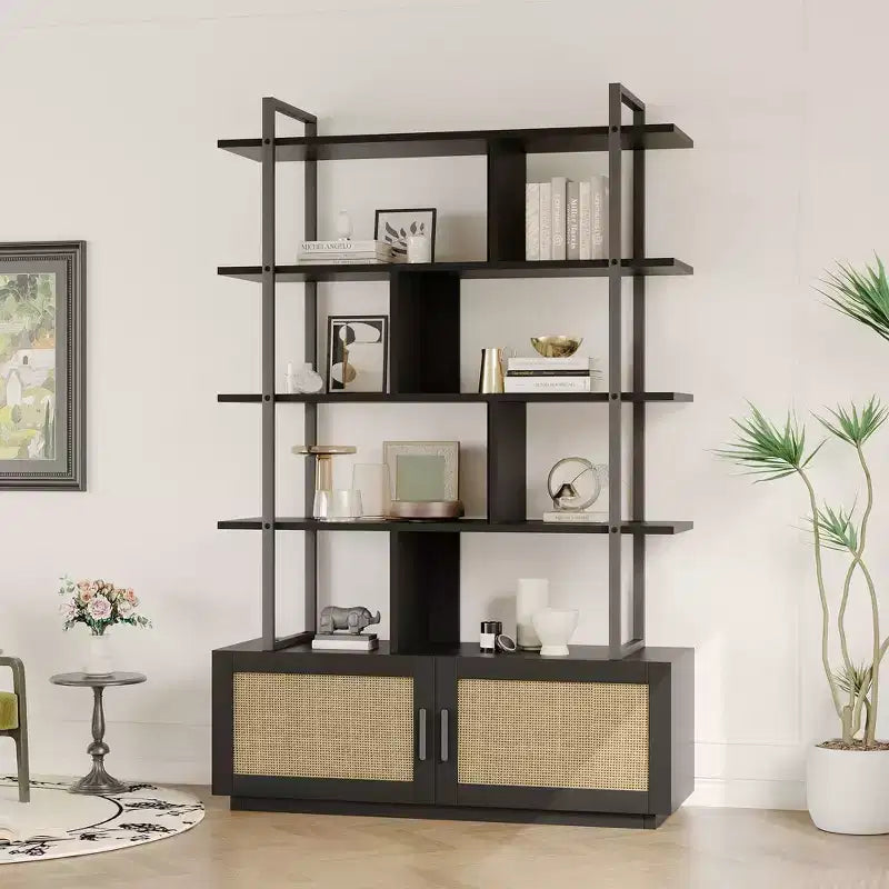 GustoWave Rattan Bookshelf,71.1 Inch Tall Industrial Bookcase with Storage Door,5 Shelf Bookcase with Metal Frame for Living Room