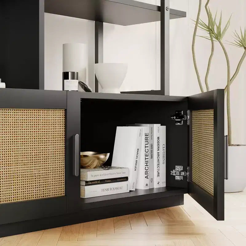 GustoWave Rattan Bookshelf,71.1 Inch Tall Industrial Bookcase with Storage Door,5 Shelf Bookcase with Metal Frame for Living Room