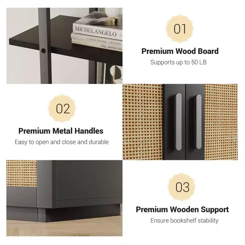 GustoWave Rattan Bookshelf,71.1 Inch Tall Industrial Bookcase with Storage Door,5 Shelf Bookcase with Metal Frame for Living Room
