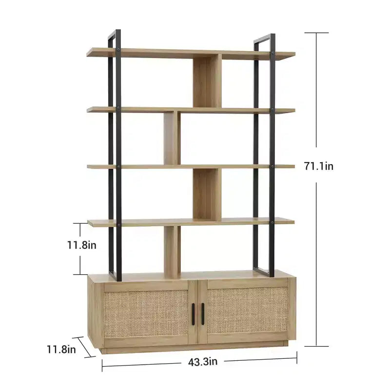 GustoWave Rattan Bookshelf,71.1 Inch Tall Industrial Bookcase with Storage Door,5 Shelf Bookcase with Metal Frame for Living Room