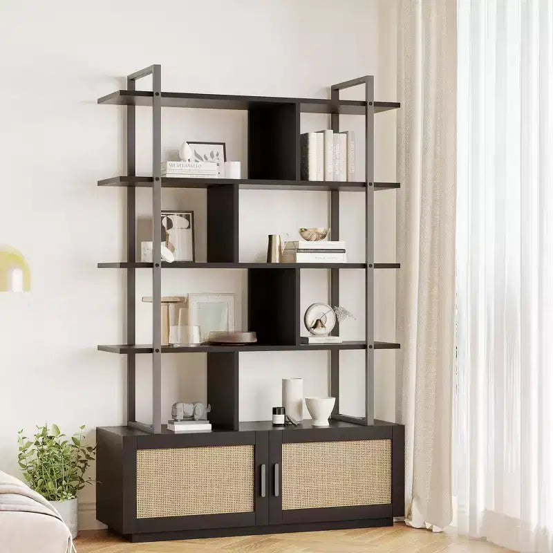 GustoWave Rattan Bookshelf,71.1 Inch Tall Industrial Bookcase with Storage Door,5 Shelf Bookcase with Metal Frame for Living Room