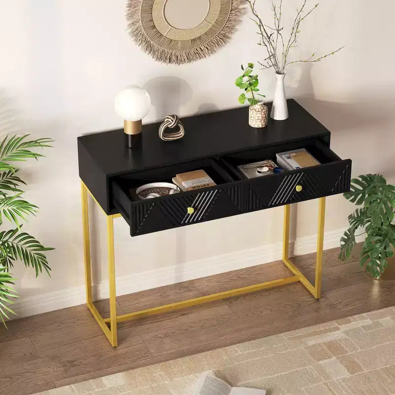 MAYEERTY Modern Narrow Console Table with Storage 2 Drawers Stripe Design for Living Room Hallway Black