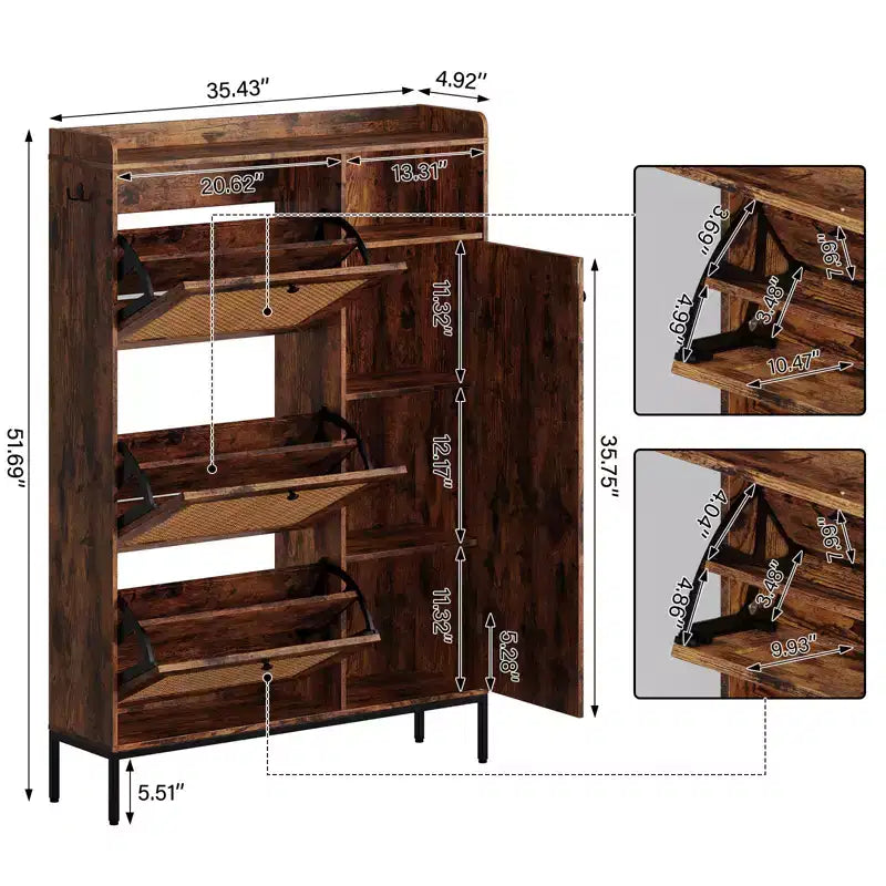 CuisinSmart 3 Tier Free Standing Shoe Cabinet with Natural Rattan, Shoe Organizer with Adjustable Shelves, Narrow Shoe Rack for Hallway, Retro