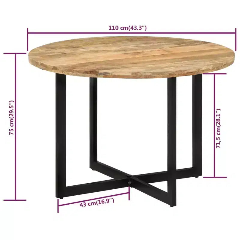 vidaXL Mango Wood Dining Table with Powder-Coated Iron Frame - Retro Style Versatile Dinner Table, 43.3 Diameter