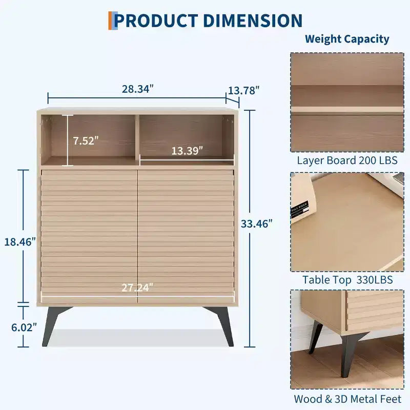 28 Inch Fluted Sideboard Buffet Cabinet, Slim Wood Storage Cabinet with Adjustable Shelves & Doors for Kitchen, Dining Room, Apartments