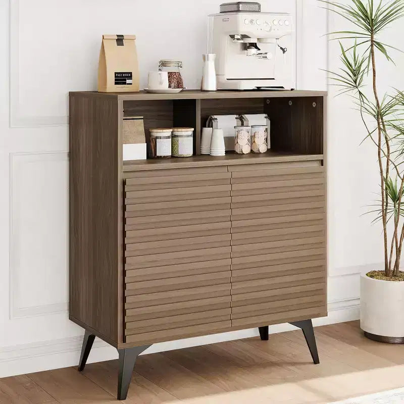 28 Inch Fluted Sideboard Buffet Cabinet, Slim Wood Storage Cabinet with Adjustable Shelves & Doors for Kitchen, Dining Room, Apartments