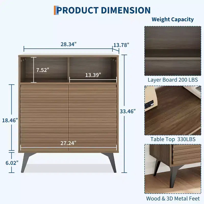 28 Inch Fluted Sideboard Buffet Cabinet, Slim Wood Storage Cabinet with Adjustable Shelves & Doors for Kitchen, Dining Room, Apartments