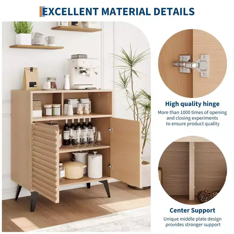 28 Inch Fluted Sideboard Buffet Cabinet, Slim Wood Storage Cabinet with Adjustable Shelves & Doors for Kitchen, Dining Room, Apartments