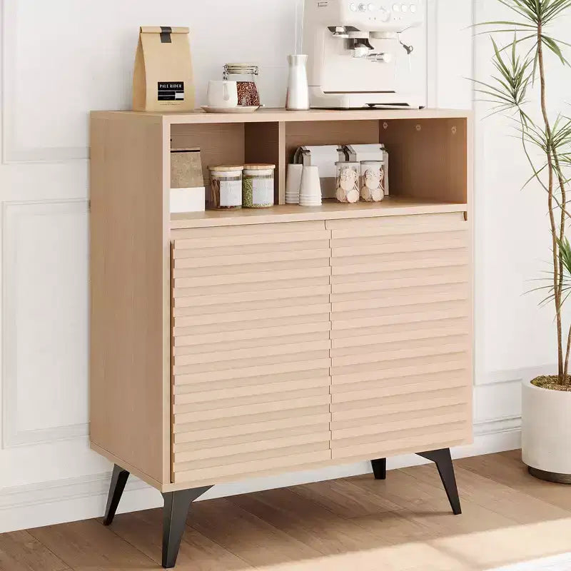 28 Inch Fluted Sideboard Buffet Cabinet, Slim Wood Storage Cabinet with Adjustable Shelves & Doors for Kitchen, Dining Room, Apartments