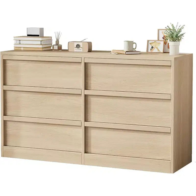CuisinSmart 6 Drawer Dresser for Bedroom, Natural Double Dresser Organizer with Concave Handles, Modern Chest of Drawers, Natural Wood