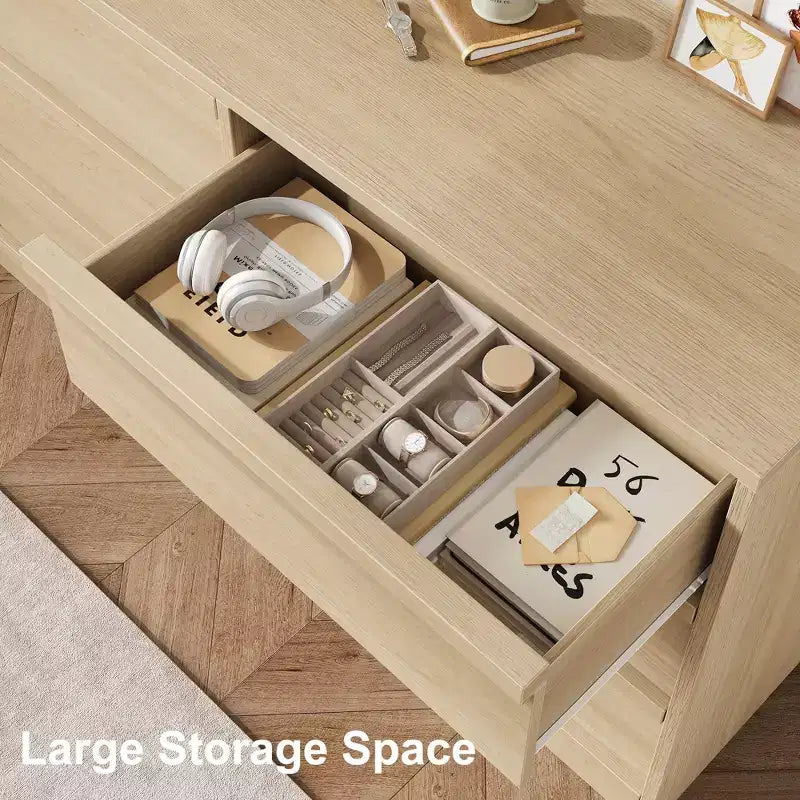 CuisinSmart 6 Drawer Dresser for Bedroom, Natural Double Dresser Organizer with Concave Handles, Modern Chest of Drawers, Natural Wood