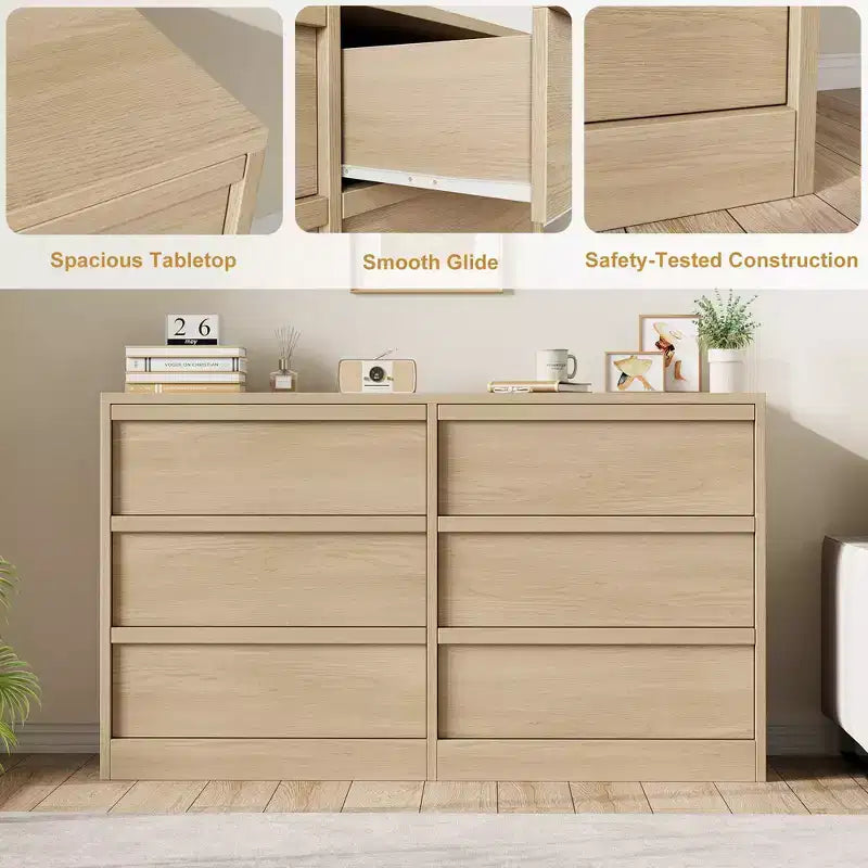CuisinSmart 6 Drawer Dresser for Bedroom, Natural Double Dresser Organizer with Concave Handles, Modern Chest of Drawers, Natural Wood