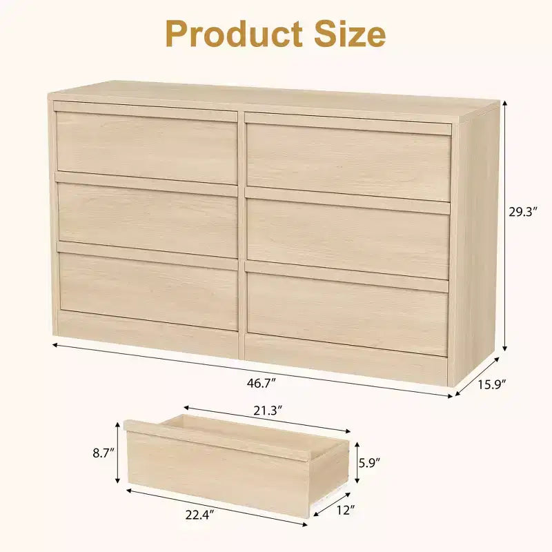 CuisinSmart 6 Drawer Dresser for Bedroom, Natural Double Dresser Organizer with Concave Handles, Modern Chest of Drawers, Natural Wood
