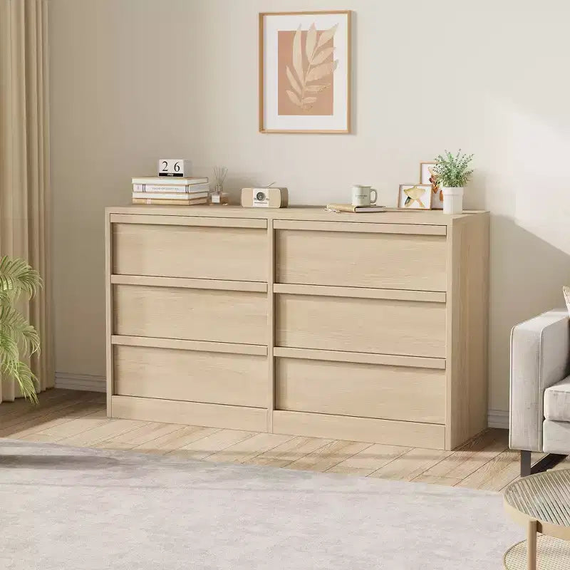 CuisinSmart 6 Drawer Dresser for Bedroom, Natural Double Dresser Organizer with Concave Handles, Modern Chest of Drawers, Natural Wood