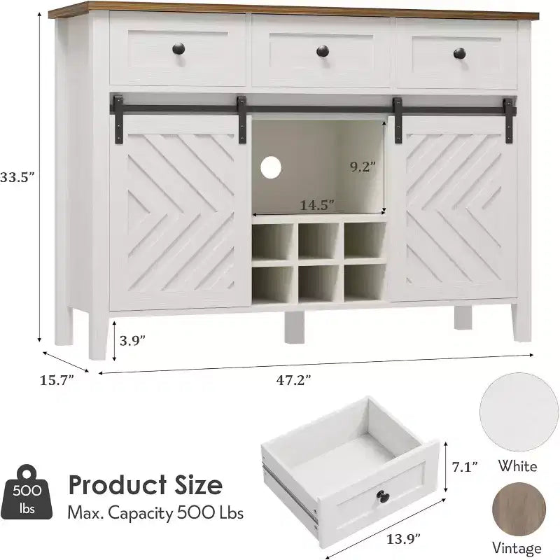 GustoWave 47.2 Farmhouse Sideboard, 33.4 High, with 3 Drawers, Adjustable Shelves and Removable Wine Rack