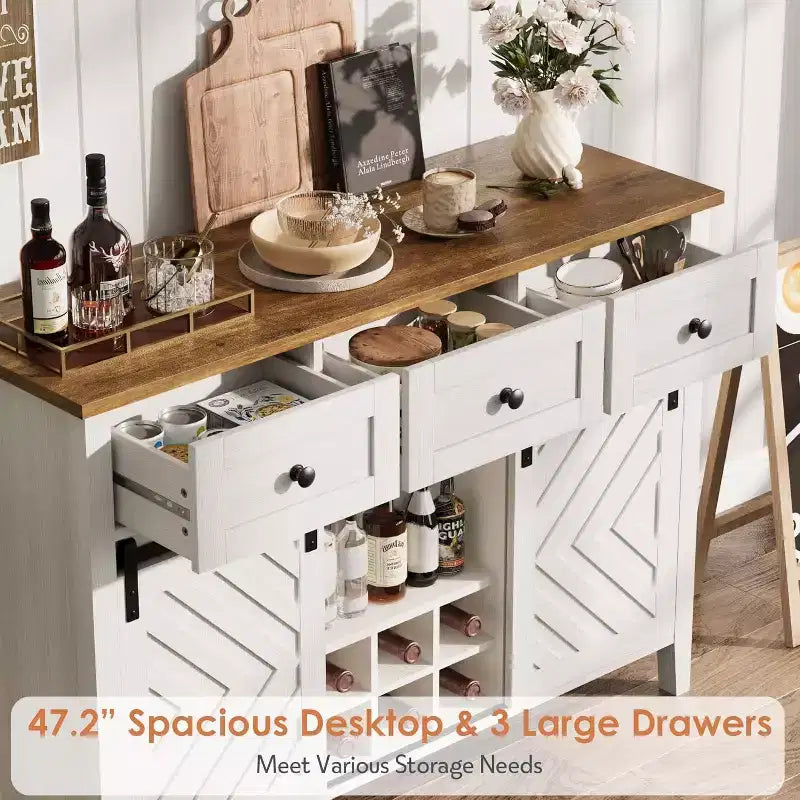 GustoWave 47.2 Farmhouse Sideboard, 33.4 High, with 3 Drawers, Adjustable Shelves and Removable Wine Rack
