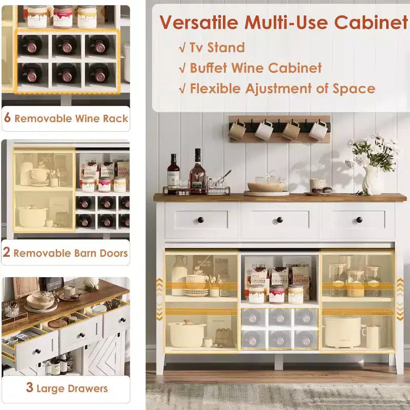 GustoWave 47.2 Farmhouse Sideboard, 33.4 High, with 3 Drawers, Adjustable Shelves and Removable Wine Rack