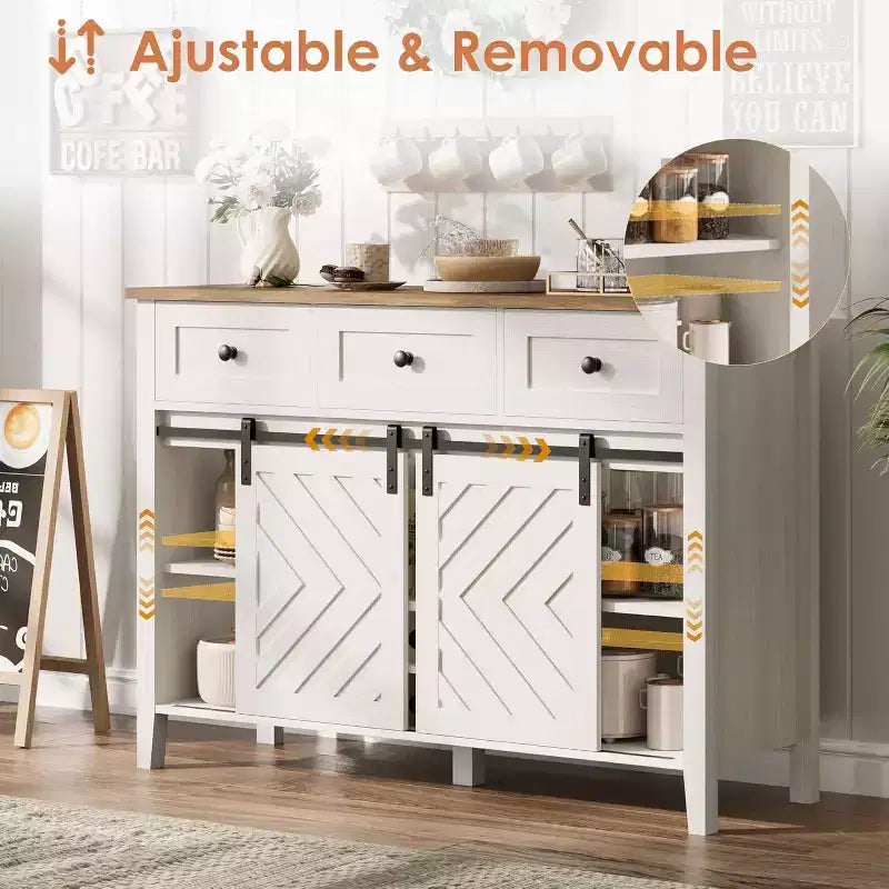 GustoWave 47.2 Farmhouse Sideboard, 33.4 High, with 3 Drawers, Adjustable Shelves and Removable Wine Rack