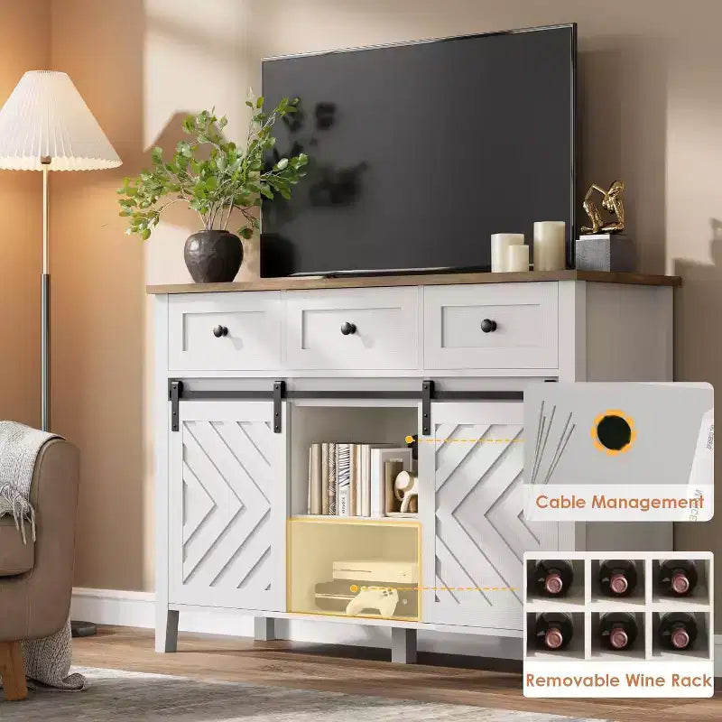 GustoWave 47.2 Farmhouse Sideboard, 33.4 High, with 3 Drawers, Adjustable Shelves and Removable Wine Rack