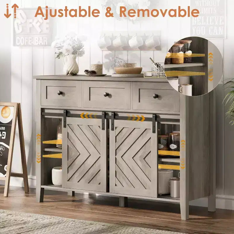 GustoWave 47.2 Farmhouse Sideboard, 33.4 High, with 3 Drawers, Adjustable Shelves and Removable Wine Rack