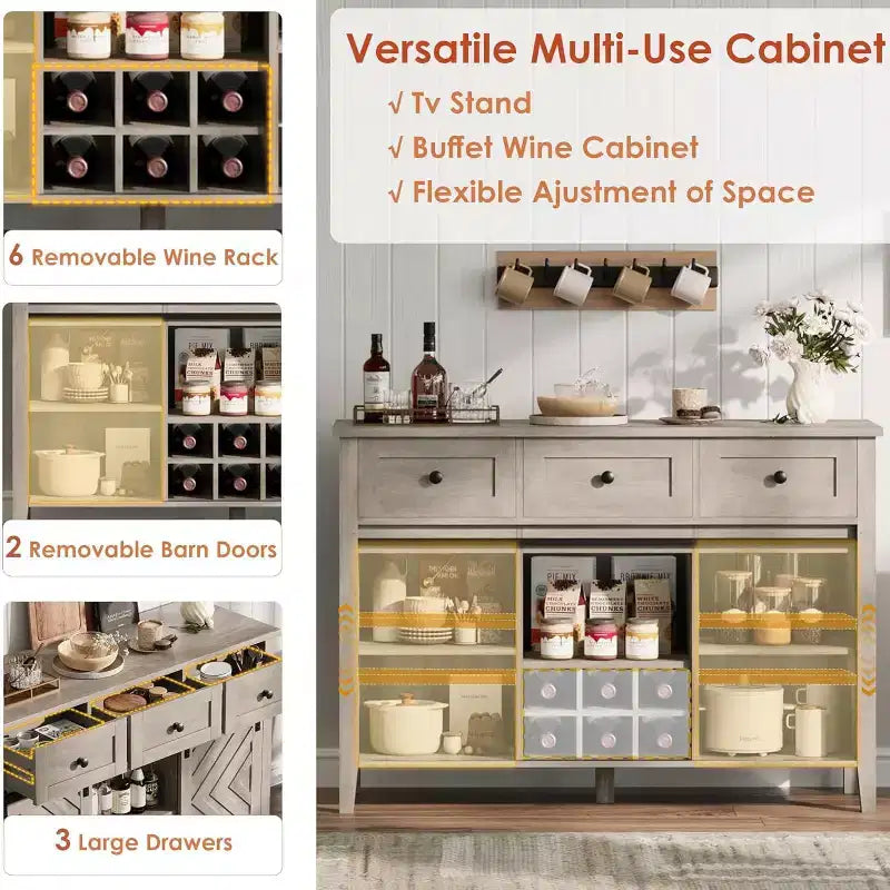GustoWave 47.2 Farmhouse Sideboard, 33.4 High, with 3 Drawers, Adjustable Shelves and Removable Wine Rack