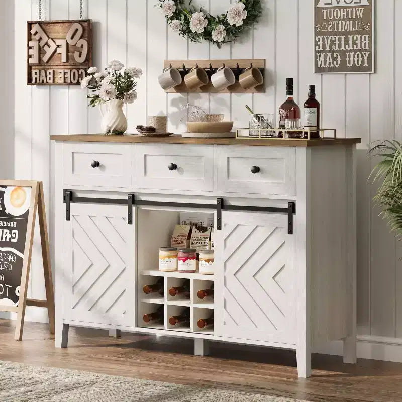 GustoWave 47.2 Farmhouse Sideboard, 33.4 High, with 3 Drawers, Adjustable Shelves and Removable Wine Rack