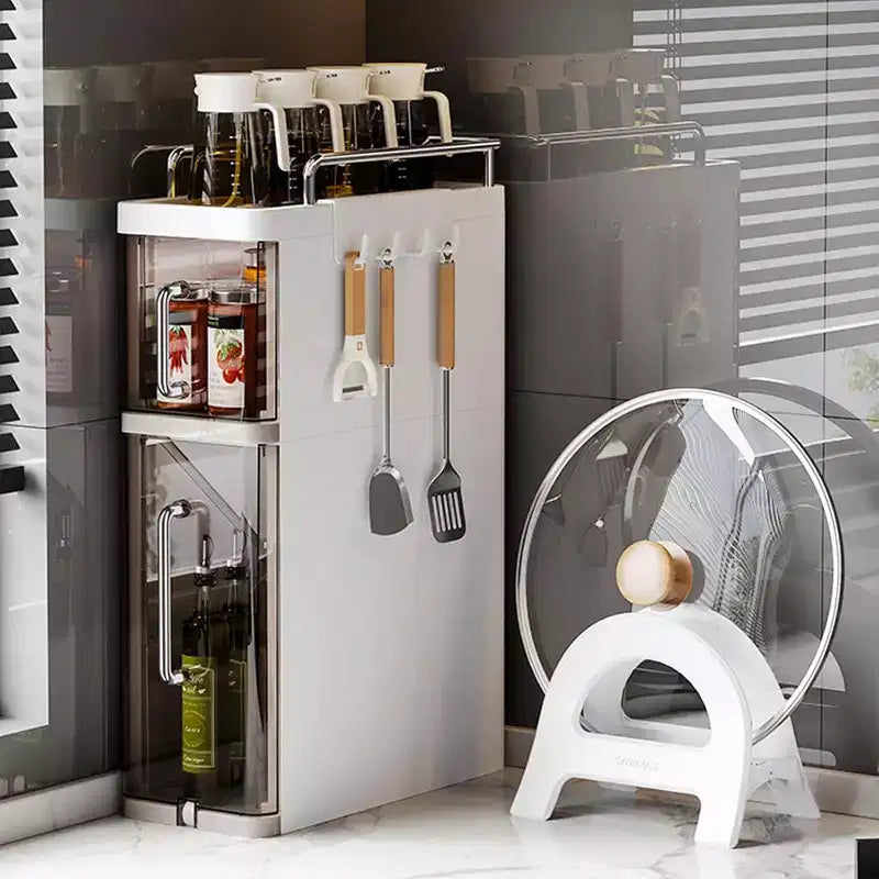 Gustowave Kitchen Two-Layer Desktop Storage Rack With Dustproof Door + 4 Hooks, Cabinet Spice Storage Rack