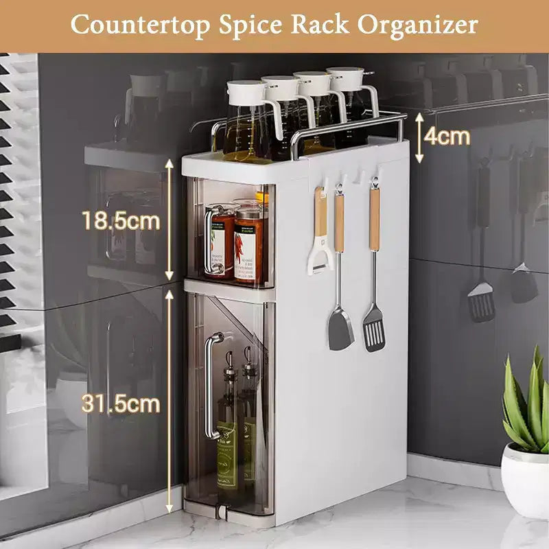 Gustowave Kitchen Two-Layer Desktop Storage Rack With Dustproof Door + 4 Hooks, Cabinet Spice Storage Rack