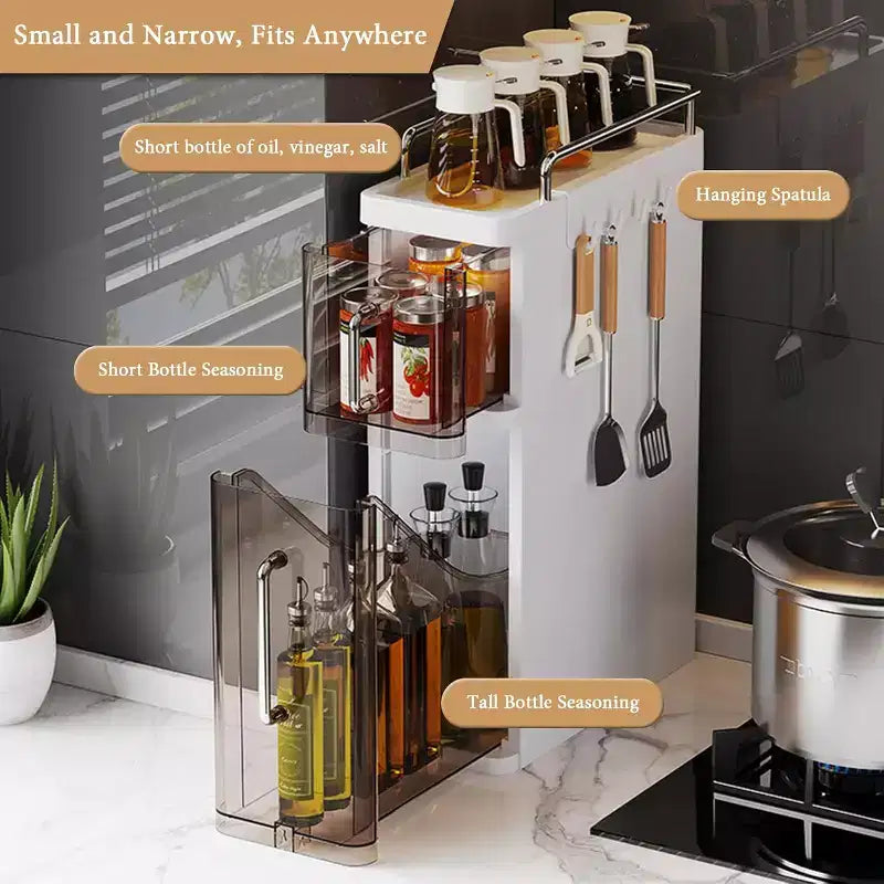 Gustowave Kitchen Two-Layer Desktop Storage Rack With Dustproof Door + 4 Hooks, Cabinet Spice Storage Rack
