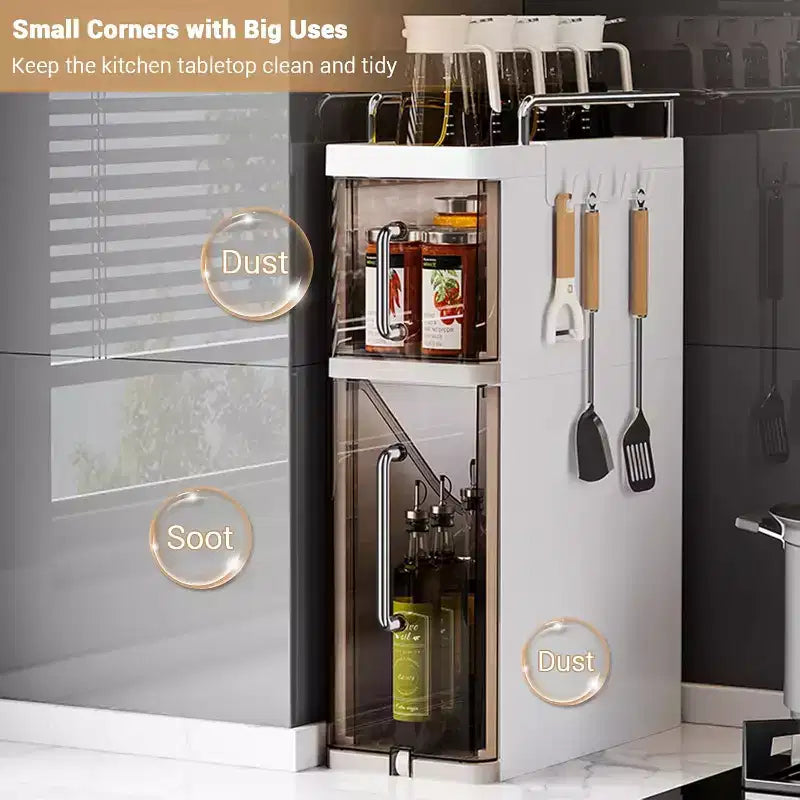 Gustowave Kitchen Two-Layer Desktop Storage Rack With Dustproof Door + 4 Hooks, Cabinet Spice Storage Rack