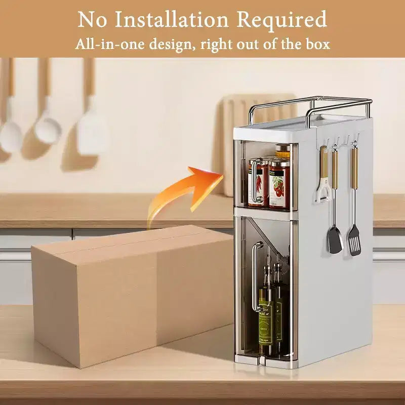 Gustowave Kitchen Two-Layer Desktop Storage Rack With Dustproof Door + 4 Hooks, Cabinet Spice Storage Rack