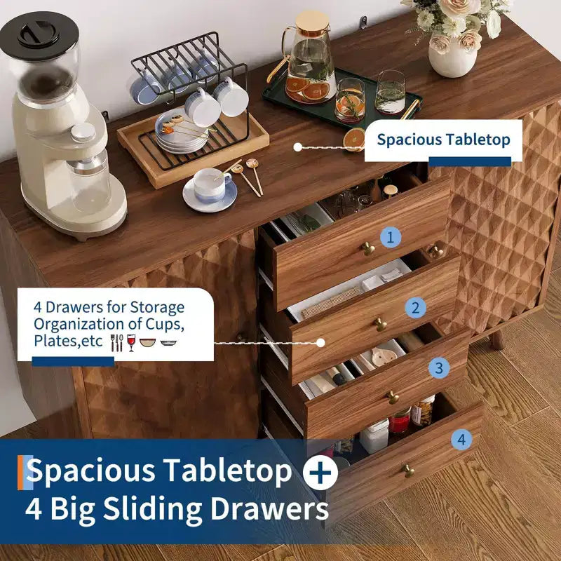 47'' Sideboard Buffet Cabinet, Coffee Bar Cabinet with 4 Drawers & Adjustable Shelves, Entryway Console Table, Kitchen Pantry Storage Cabinet