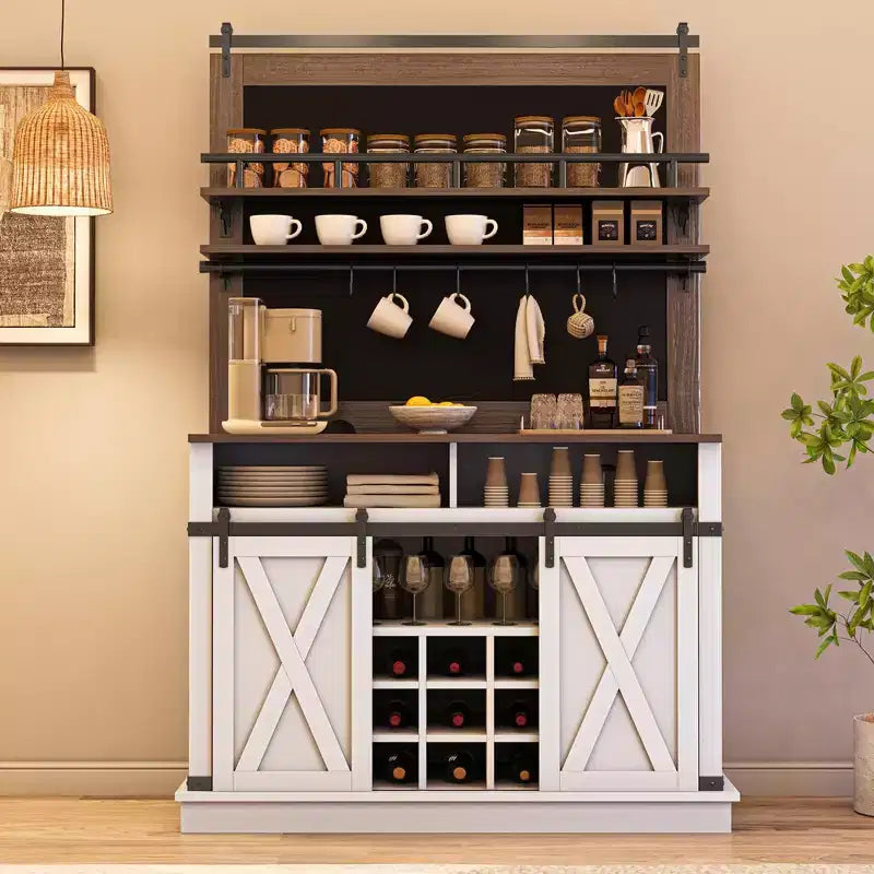 Coffee Hutch Cabinet Farmhouse Coffee Bar Cabinet 75 Tall Buffet Cabinet with Storage Large Bar Cabinet with Sliding Barn Door Dining Room