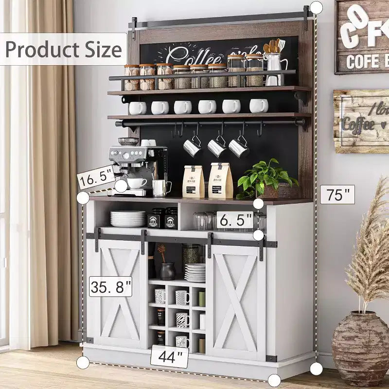 Coffee Hutch Cabinet Farmhouse Coffee Bar Cabinet 75 Tall Buffet Cabinet with Storage Large Bar Cabinet with Sliding Barn Door Dining Room
