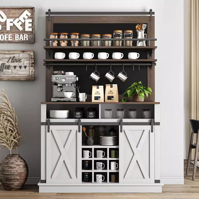 Coffee Hutch Cabinet Farmhouse Coffee Bar Cabinet 75 Tall Buffet Cabinet with Storage Large Bar Cabinet with Sliding Barn Door Dining Room